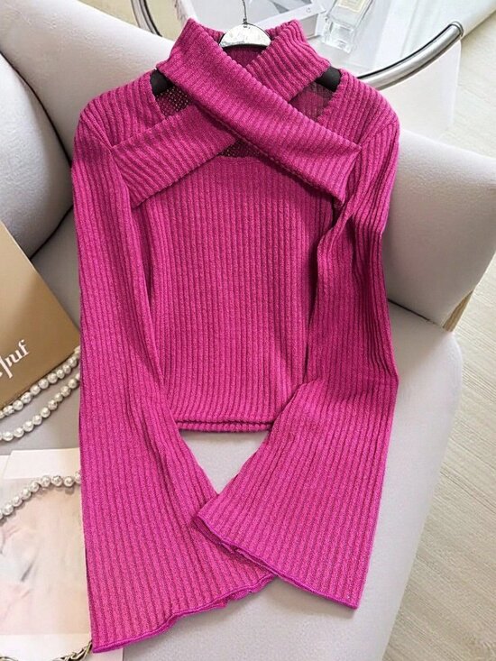 Sweaters - Hot Pink Casual Women's Long Sleeve Ribbed Knit Top